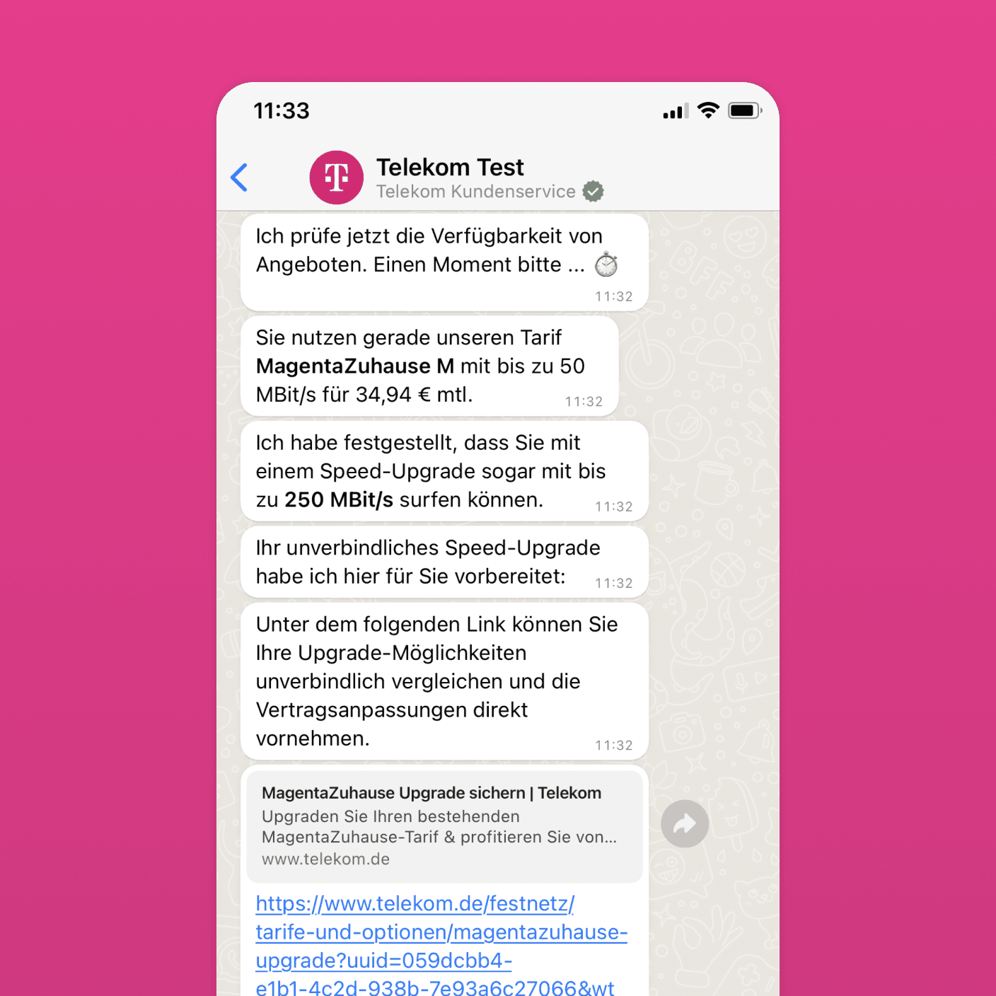 Chatverlauf auf einem Smartphone: der Telekom-Kundenservice nennt den laufenden Tarif und schlaegt ein Speed-Upgrade mit Link an
