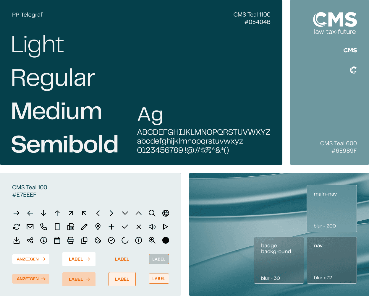 Website relaunch for international law firms: view of four different areas of the CMS design system, such as typefaces, icons, colours and logo.