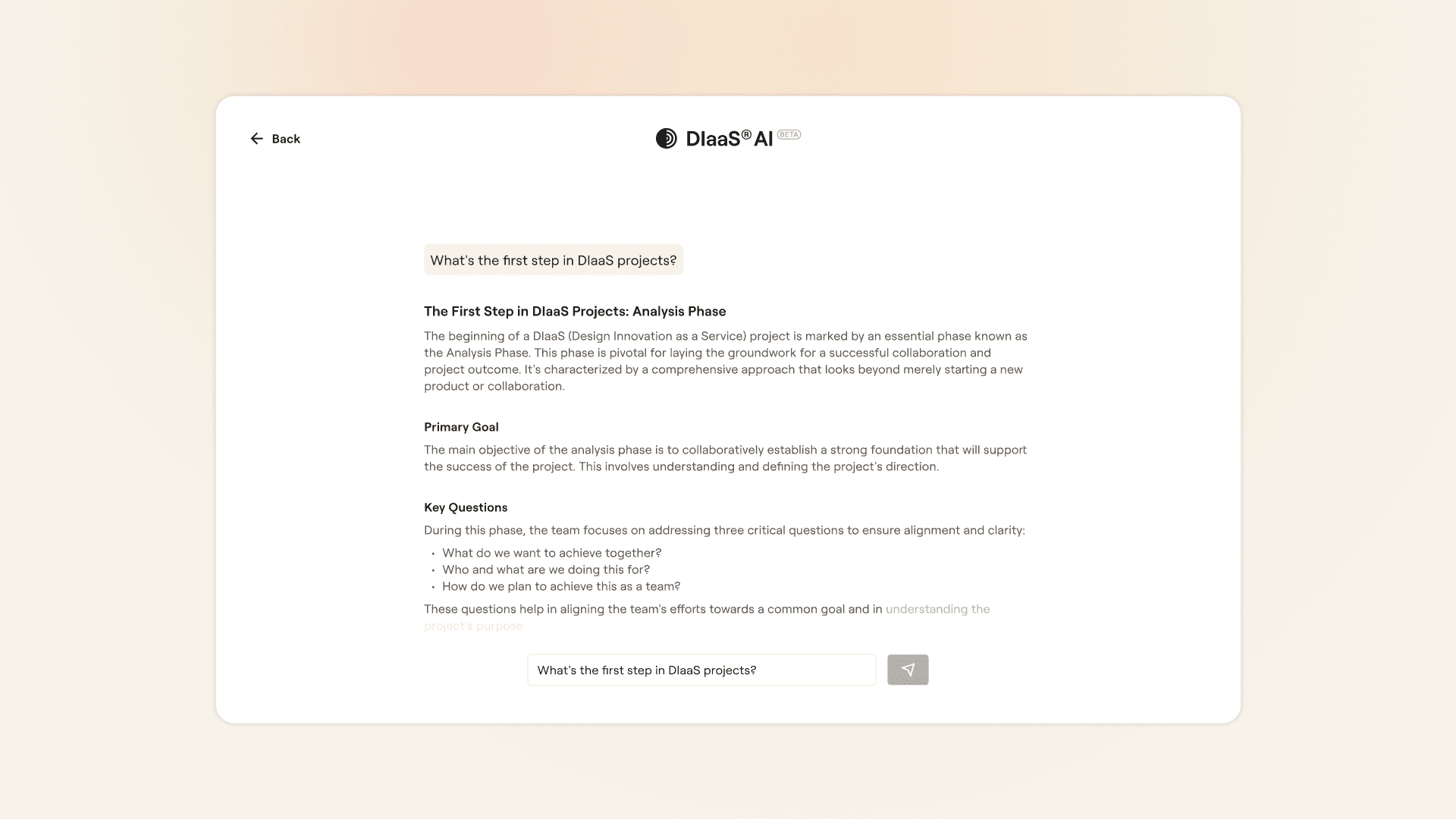 DIaaS AI chat interface: a question about the first project step is answered with a structured reply covering the goal and key questions