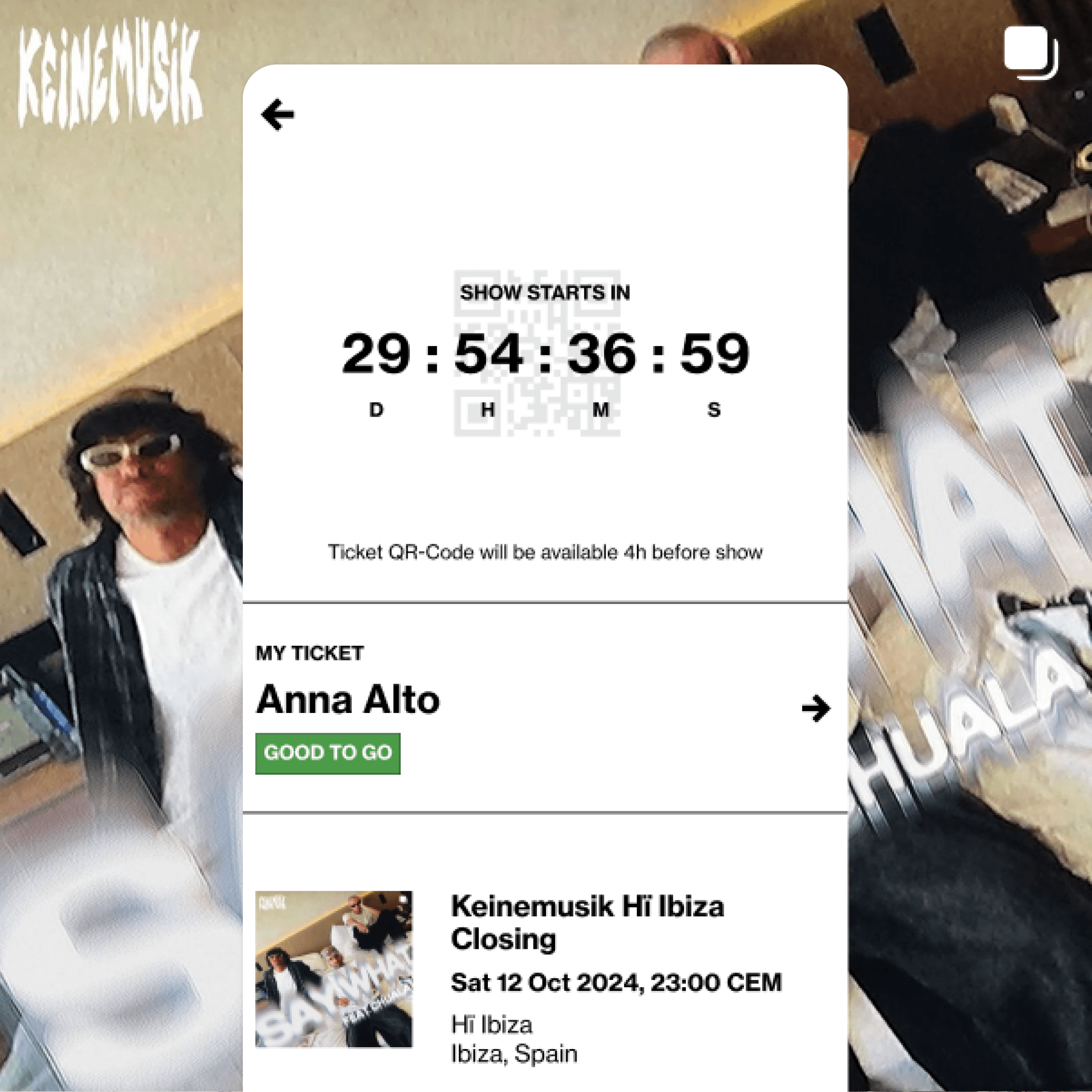 App-Ansicht mit Countdown bis zum Showbeginn, dem eigenen Ticket auf Status „Good to go“ und den Eckdaten der Veranstaltung