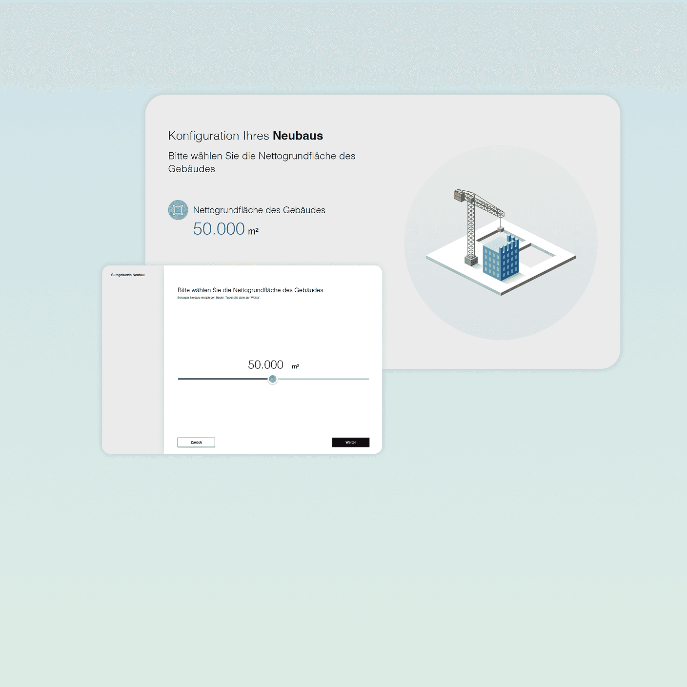 New-build configurator: selecting the net floor area with a slider, beside an isometric illustration of a building site with a crane