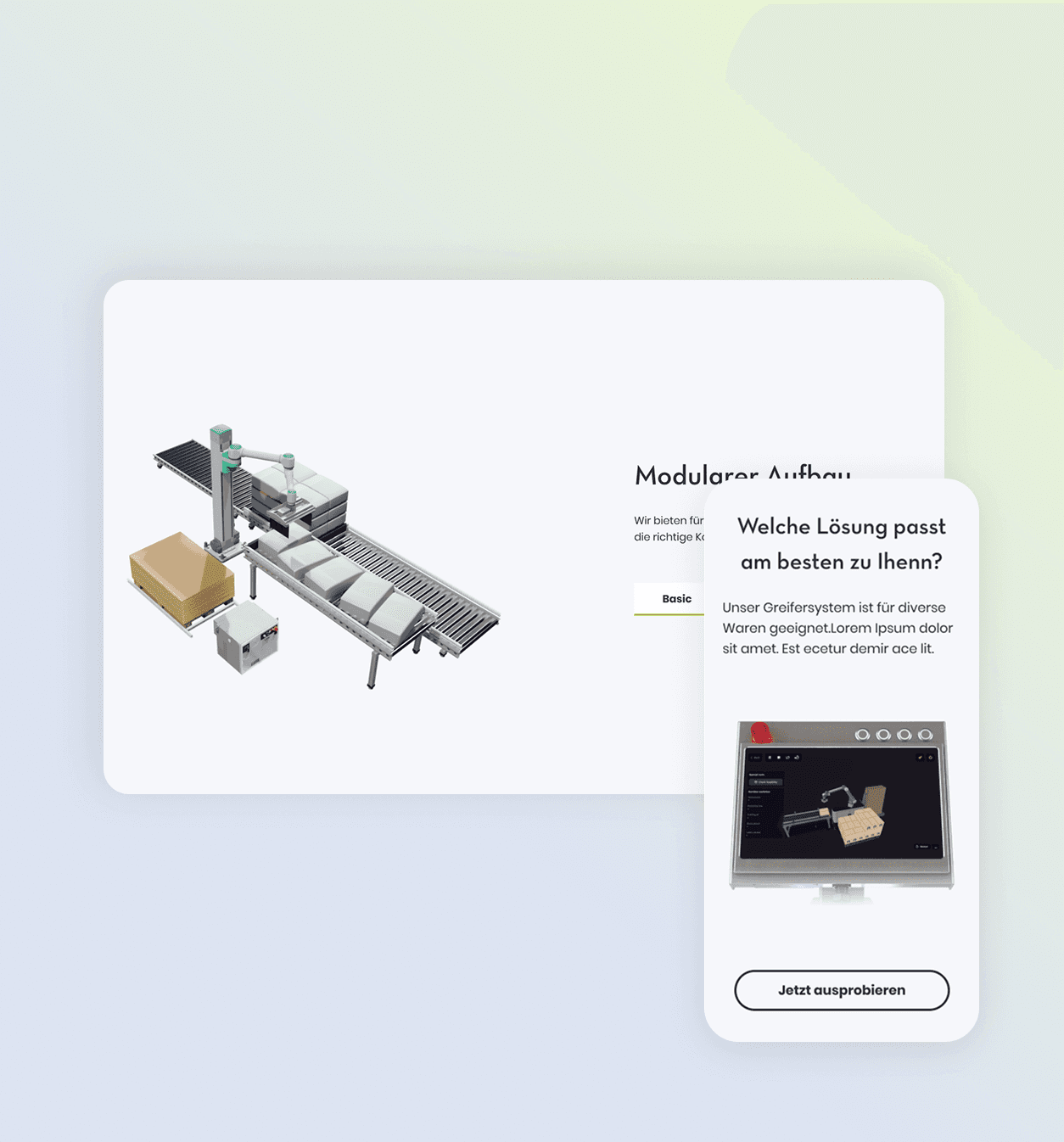 Webseite zum modularen Aufbau einer Palettieranlage mit 3D-Darstellung von Roboterarm und Foerderband, daneben eine Karte zur Loesungsauswahl