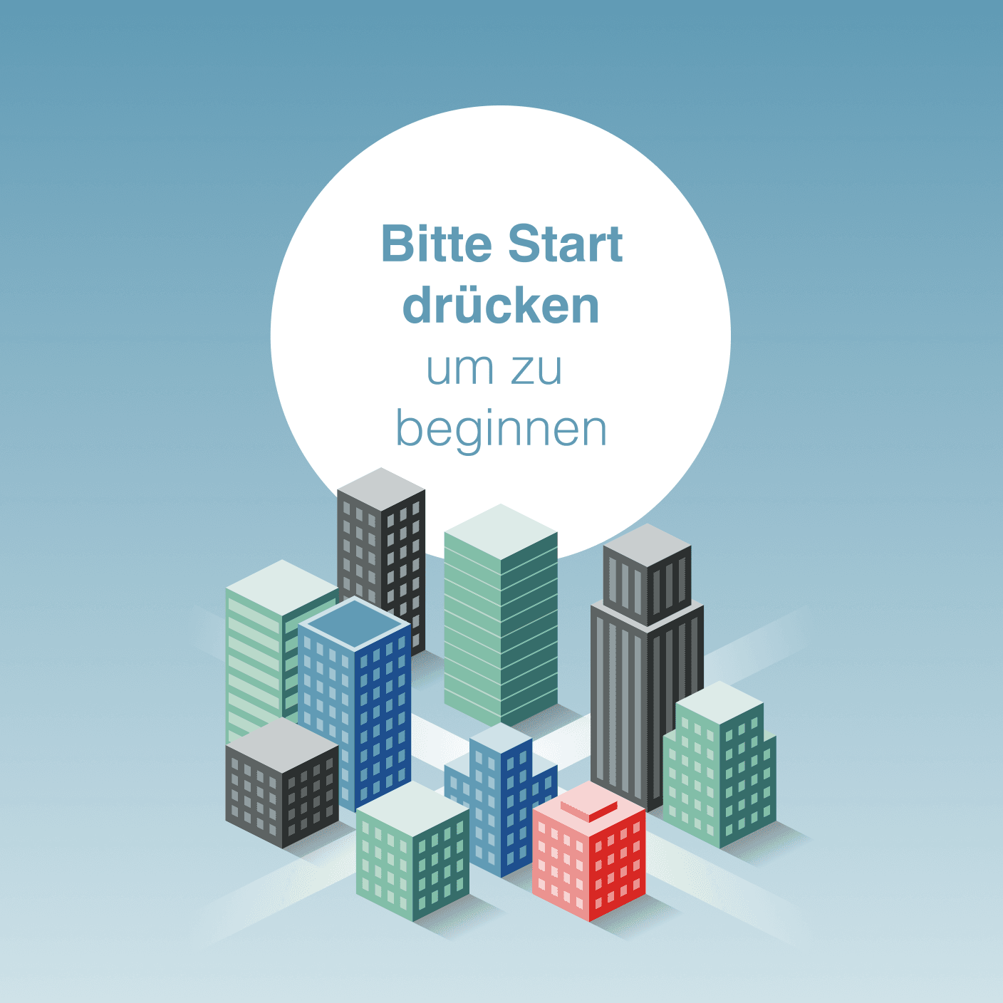 Gamified trade fair application: start screen with stylised buildings. In the background, a white circle reads "Please press start to begin".