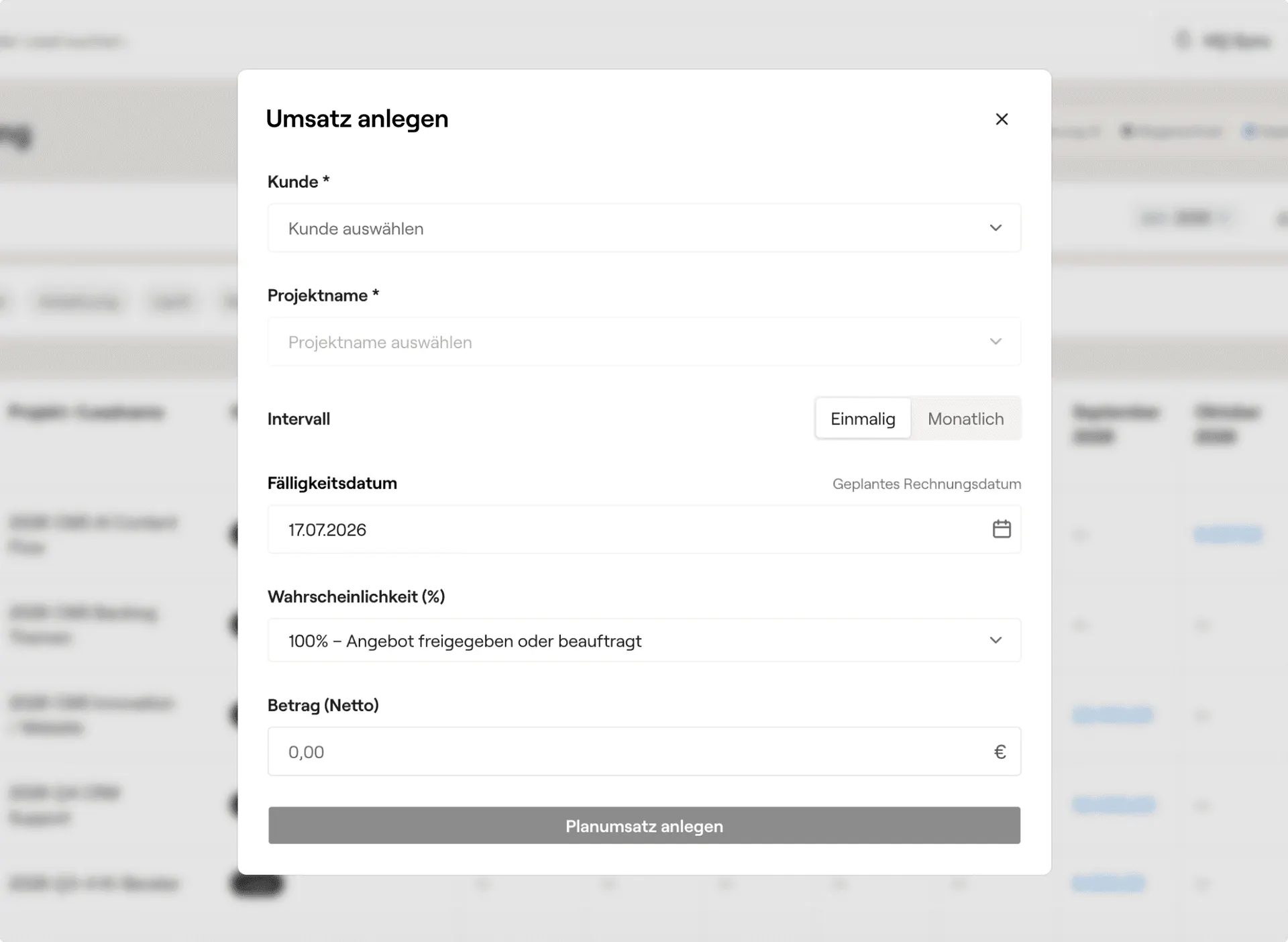 “Create revenue” dialog with fields for client, project name, interval, due date, probability and amount