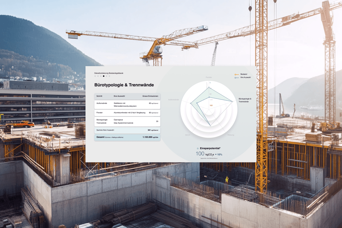 Construction site with cranes, overlaid with the interface of a configurator for decarbonising existing buildings, showing a radar chart and CO2 savings potential