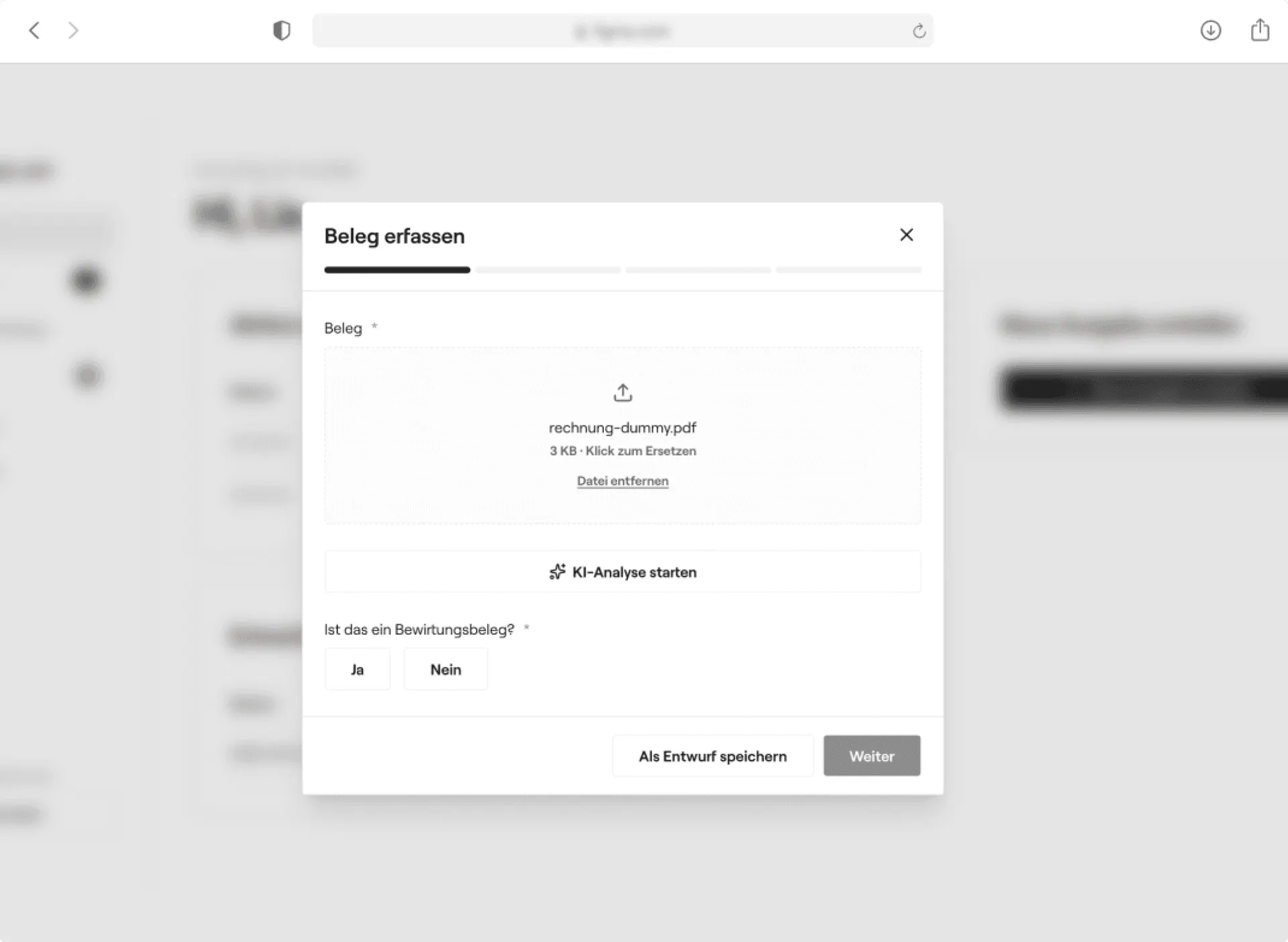 Dialog „Beleg erfassen“ mit hochgeladener PDF-Rechnung, der Schaltfläche „KI-Analyse starten“ und der Frage nach einem Bewirtungsbeleg