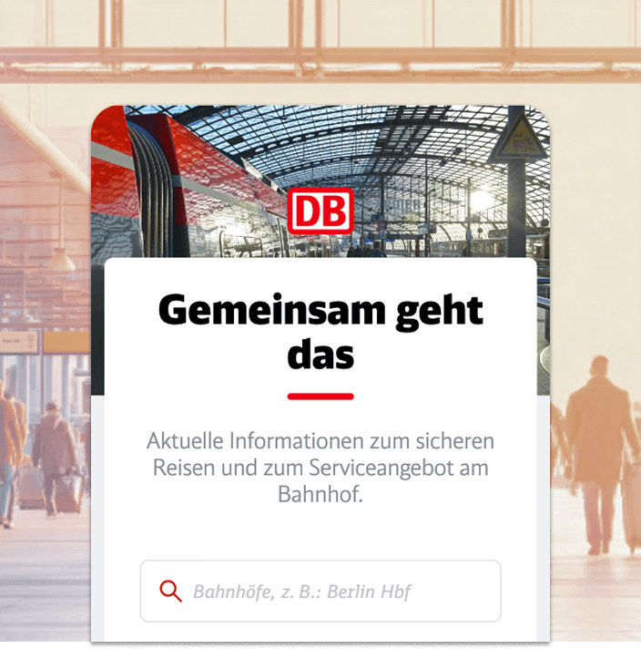 App start screen with a station photo, the heading “Gemeinsam geht das“ and a search field for stations
