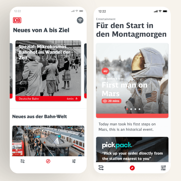 Two smartphone views side by side: a news feed with image tiles on the left, an article with a large lead image on the right