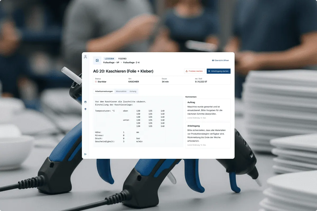 Leidelkracht Case-Teaser zur digitalen Produktionssteuerung mit Interface-Ansichten und Fertigungskontext.