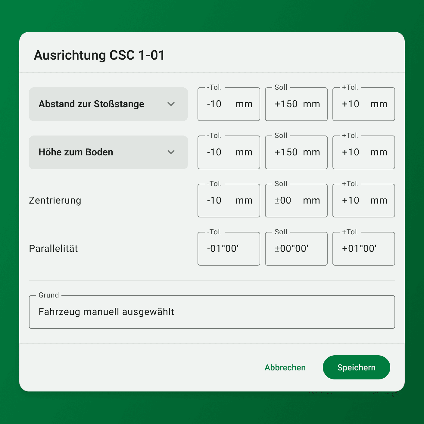 “CSC 1-01 alignment” dialog with target and tolerance values for distance to the bumper, height above the floor, centring and parallelism