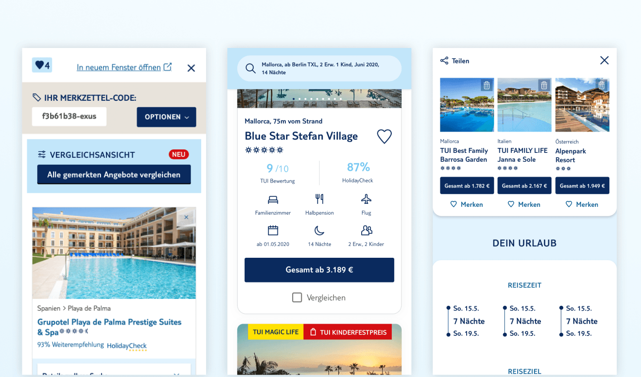 Conversion-Optimierung im Buchungsprozess: Benutzeroberfläche der Reisebuchungsplattform  von TUI, mit drei nebeneinander angezeigten Abschnitten. Links ein Merkzettel mit gespeicherten Angeboten inklusive Code und einem Hotel in Spanien mit Poolbild. In der Mitte eine Detailansicht zu einem Hotel auf Mallorca mit Bewertungen (9/10, 87 %), Infos zur Reise und einem Preis. Rechts eine Vergleichsansicht mit drei Hotels, darunter „TUI Blue“, „TUI FAMILY LIFE“ und „Alpenpark Resort“, inklusive Bildern, Preisen und Reisezeitraum.