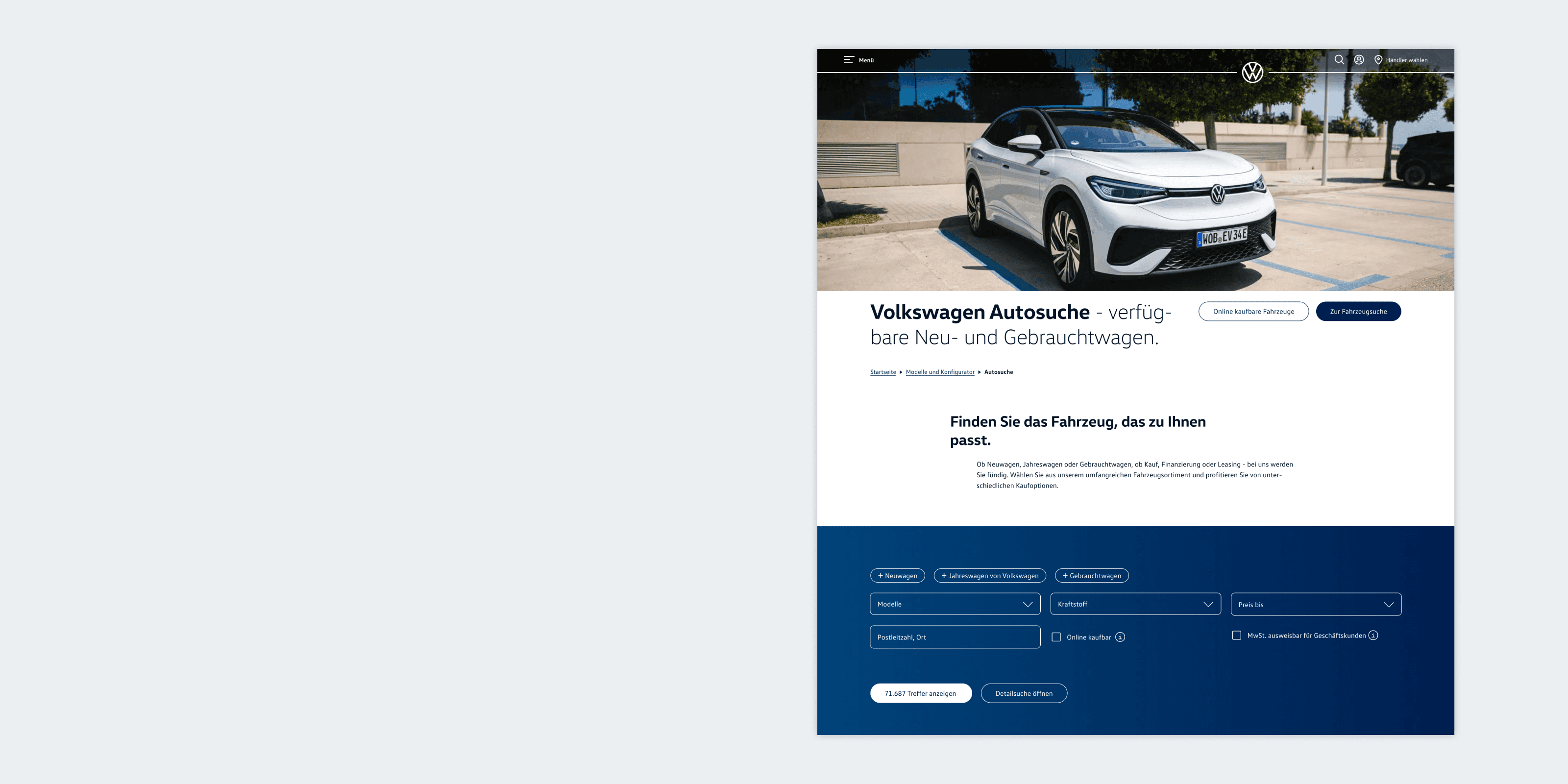 Volkswagen vehicle search website with a car photo in the header and, below it, the search form with filters for model, fuel, price and location