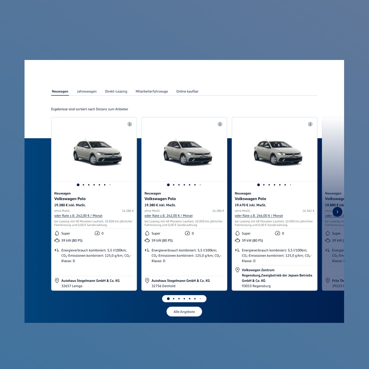 Digital vehicle marketplace: view of the "product slider" for vehicles. At the top, a navigation bar with five tabs for vehicle categories: "New cars", "Nearly new", "Direct leasing", "Employee vehicles", "Available to buy online". Below, clickable tiles arranged horizontally showing vehicle offers with price and specification details.