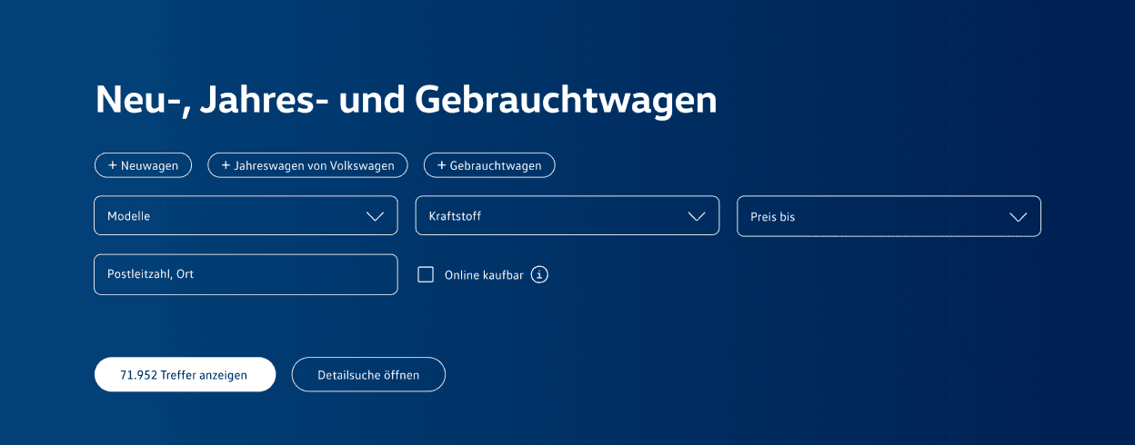 View of the quick vehicle search with filters for model, price or location and two buttons labelled "Show [number] results" and "Open detailed search".