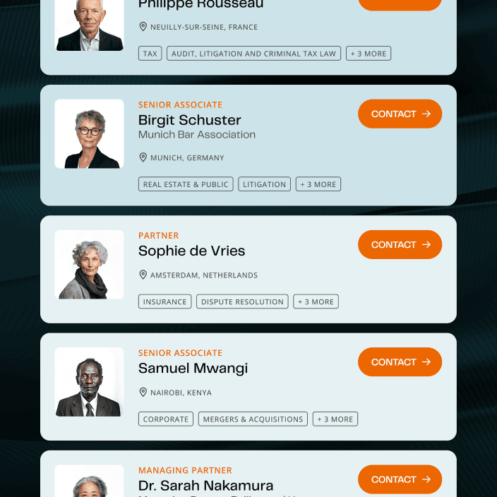 Partial view of several contact cards for CMS employees arranged one below the other, with an orange button labelled "Contact" and an arrow icon. Plus a view of the CMS home page.