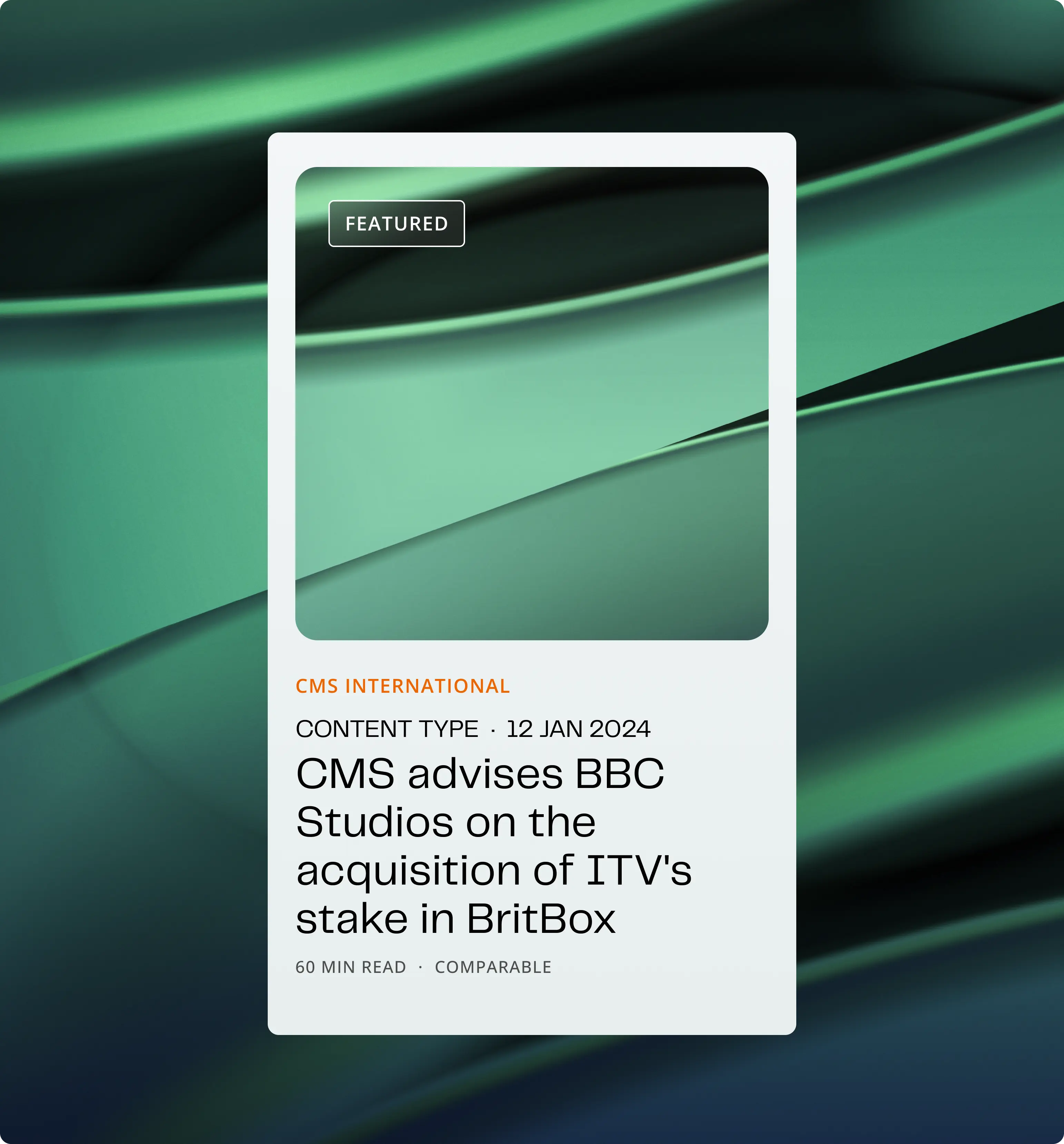 White card with an abstract image motif for the featured section CMS International.