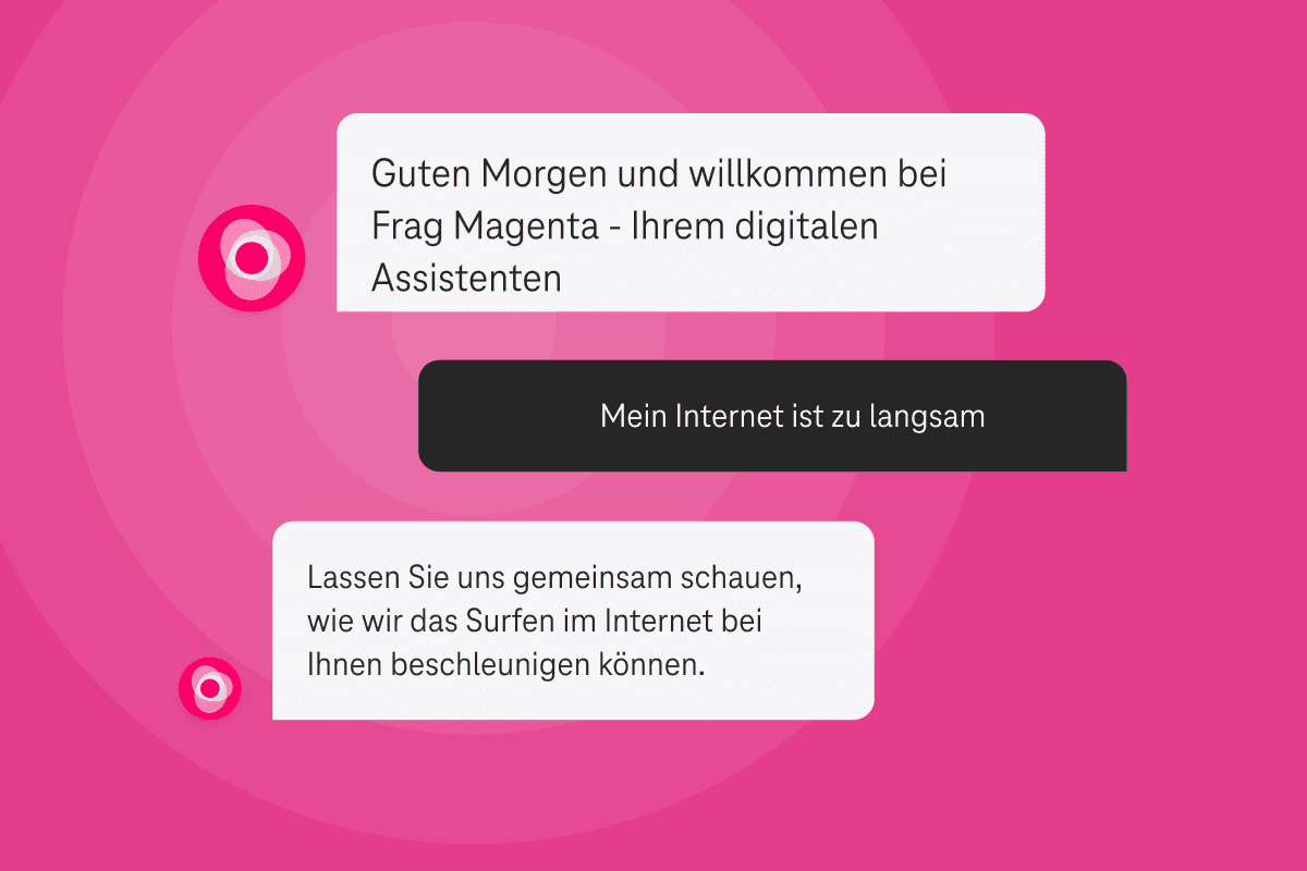 Illustration eines digitalen Chatverlaufs des Chatbots 'Frag Magenta' der Telekom, der Unterstützung bei Internetproblemen bietet.