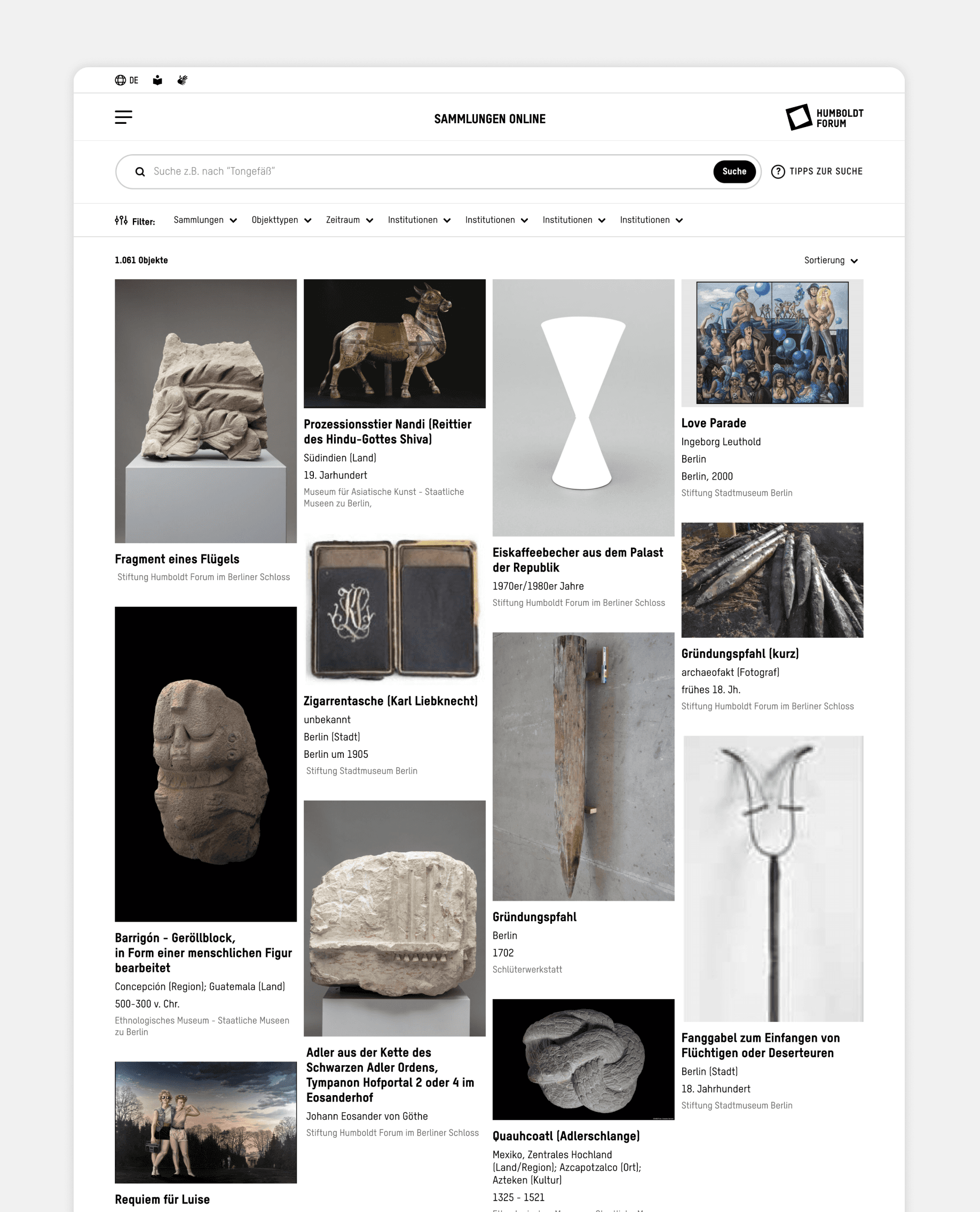 Digitaler Museumskatalog: Ansicht der Webseite mit Suchergebnissen zu den Exponanten der Sammlung.