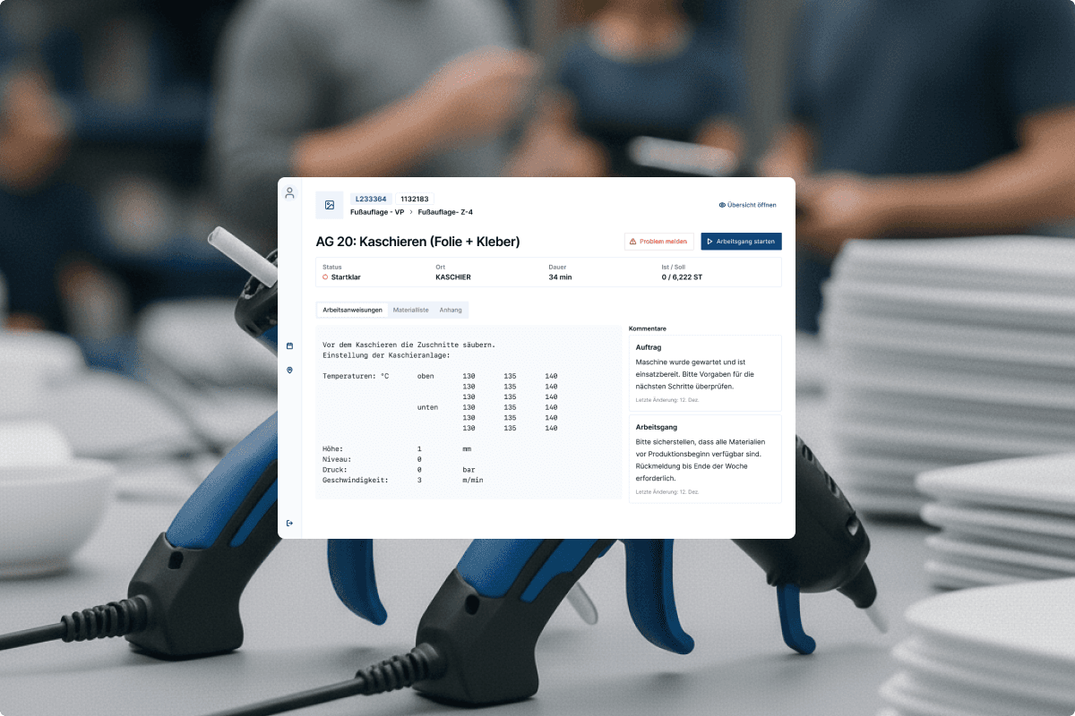 Leidelkracht Case-Teaser zur digitalen Produktionssteuerung mit Interface-Ansichten und Fertigungskontext.