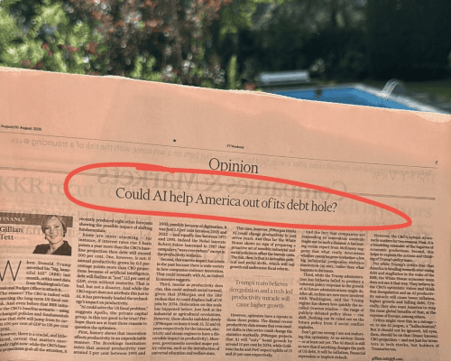 Zeitungsausschnitt, die Ueberschrift „Could AI help America out of its debt hole?“ ist rot umkringelt