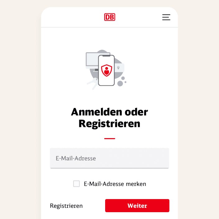 Sign-in screen with an illustration, an email address field and buttons to register and continue