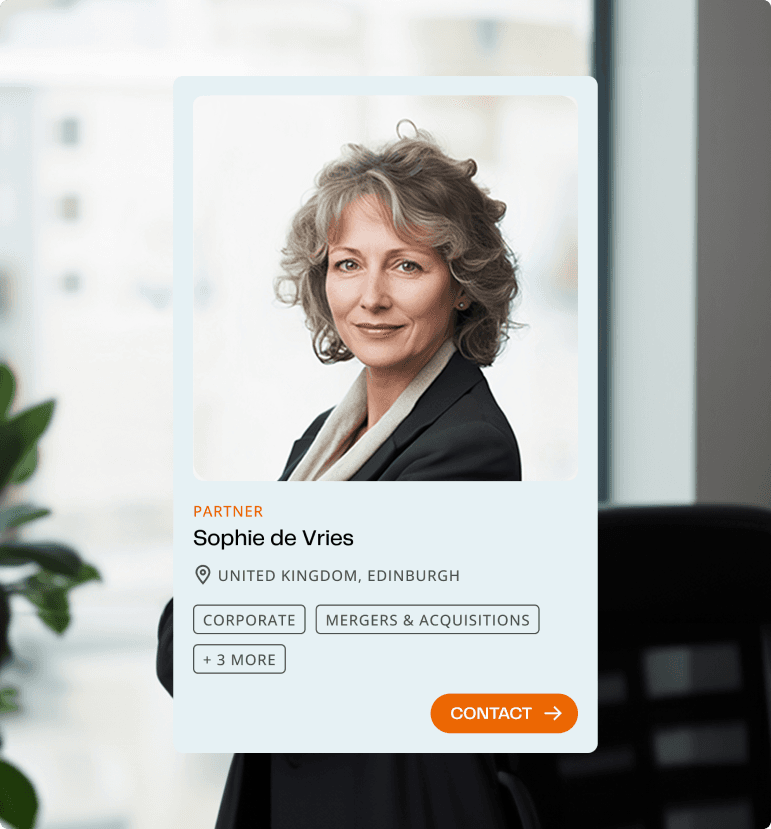 View of the contact card with photo and information about CMS partners, with an orange button labelled "Country" and an arrow icon.