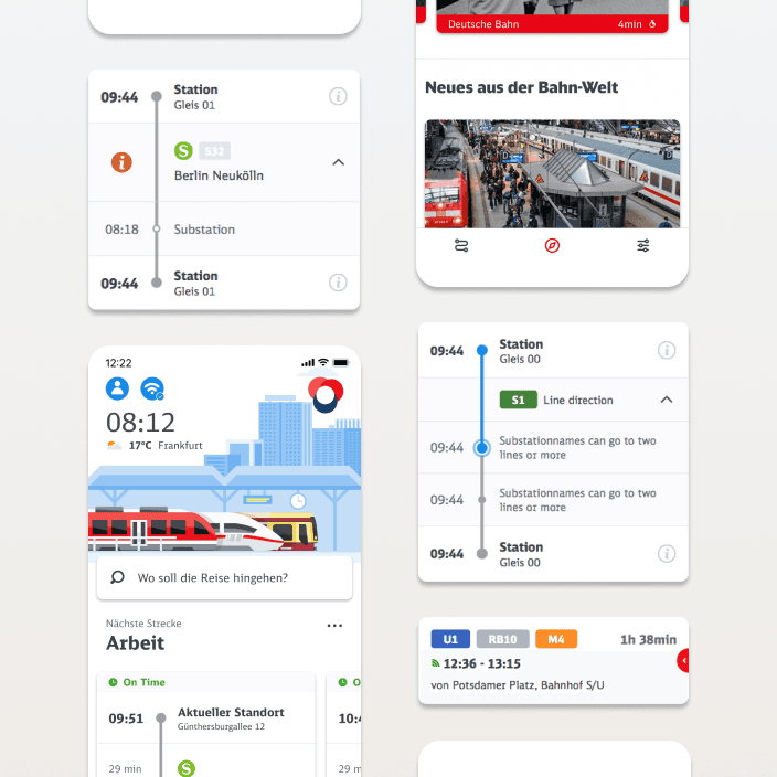Several app components side by side: connection cards with platform and time details, and a start screen with an illustration and weather