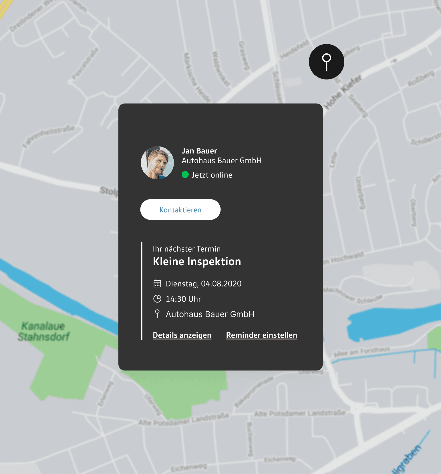 Tile for a specific dealership, with a photo of the local contact person and a "Contact" button. Below it, details of the next appointment — here "Minor service" — with date, time and dealership location, plus two links, "Show details" and "Set a reminder".