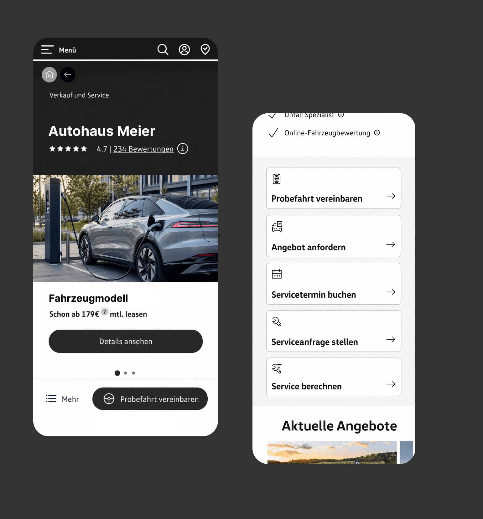 View of two screens in smartphone format. On the left, the website of a car dealership with name, customer reviews, vehicle image, leasing costs and a button to show further details. Below it, another button for booking a test drive. On the right, several service and contact options arranged as clickable boxes one below the other: "Book a test drive", "Request a quote", "Book a service appointment", "Submit a service request" and "Calculate service".