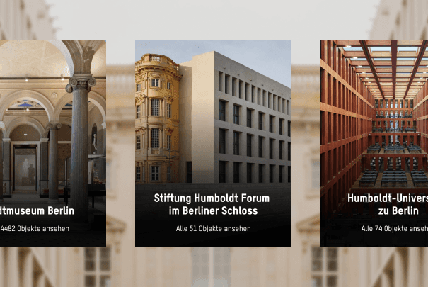 Ausschnitt nebeneinandergereihter anklickbarer Karten mit verschiedenen Themen rundum das Humboldt Forum.