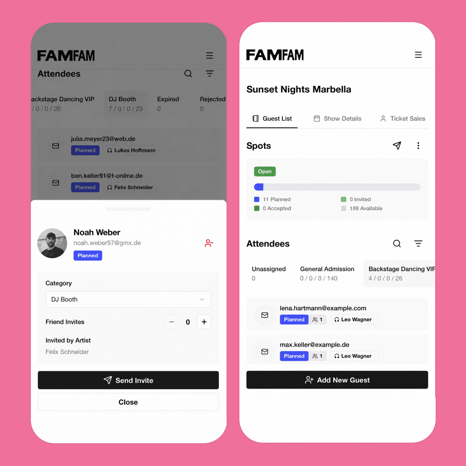 Zwei App-Ansichten nebeneinander: die Gaesteliste einer Veranstaltung mit Platzkontingenten und daneben das Detailblatt eines Gasts mit Einladungsknopf