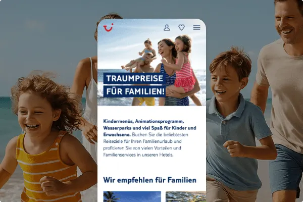 Ansicht der mobilen Webseite von TUI ; im Hintergund ist eine lachende Familie am Meer zu sehen.