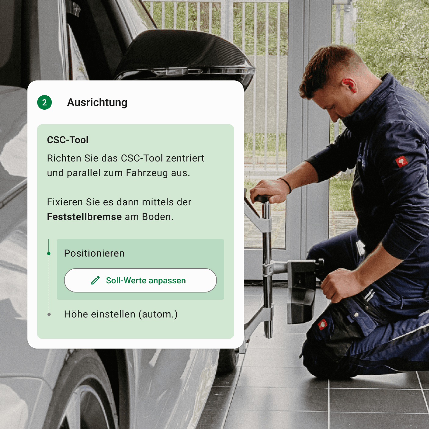 A technician kneels beside a car securing the CSC tool, with an instruction to align it centred and parallel to the vehicle