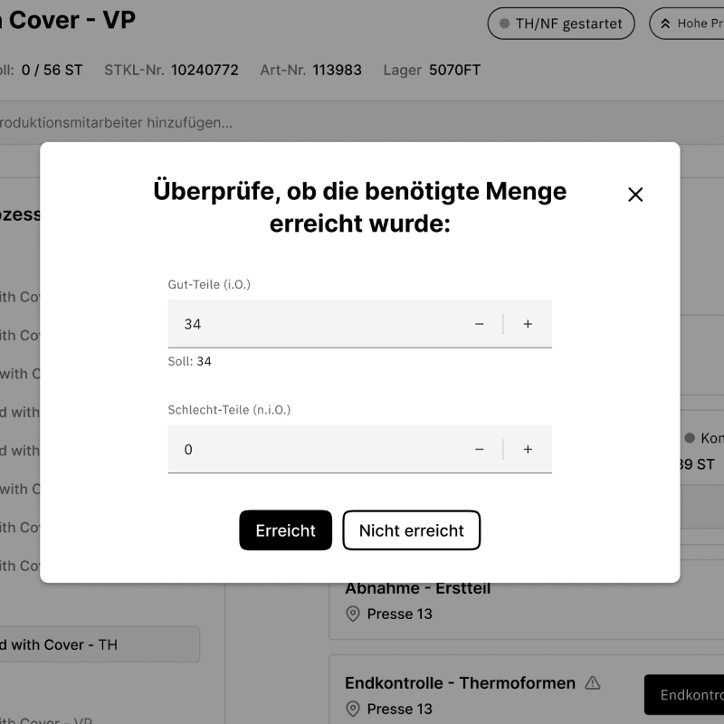 Dialog zur Mengenpruefung mit Feldern fuer Gut- und Schlechtteile und den Schaltflaechen „Erreicht“ und „Nicht erreicht“