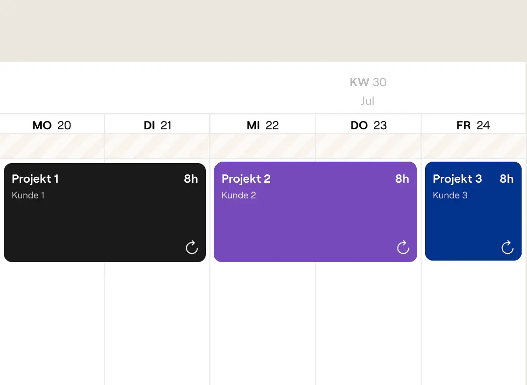 Detail of a weekly view with three colour-coded project cards, each showing a client and eight hours of effort