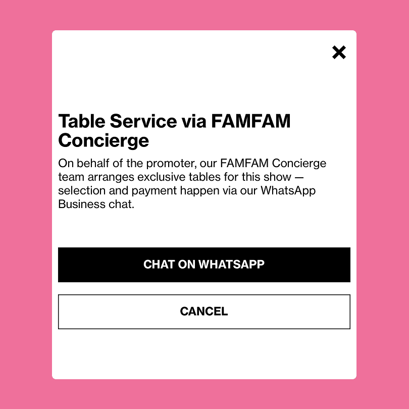 Dialog „Table Service via FAMFAM Concierge“ mit einer Schaltflaeche zum Chat ueber WhatsApp und einer zum Abbrechen