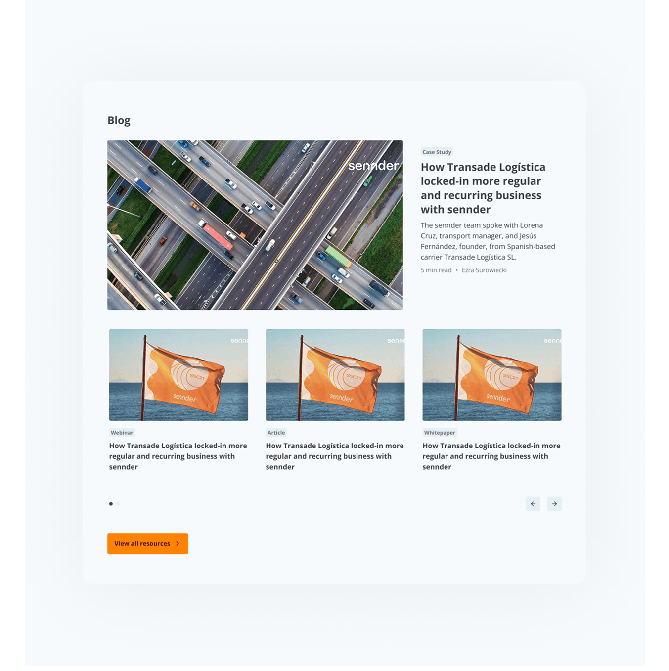 Blogübersicht und Statistik-Slide mit Zahlen zu Bewertung, Mitarbeitenden, Frachtvolumen und LKWs.