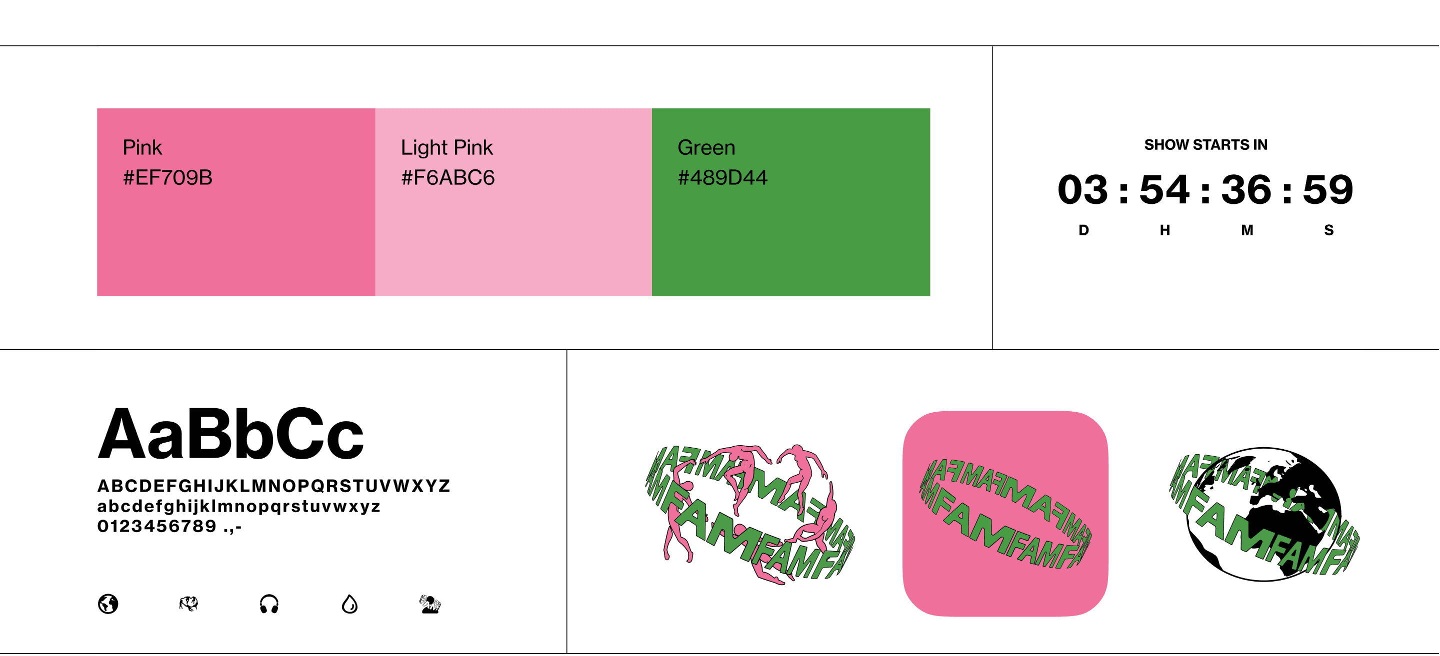 Uebersicht der Gestaltungselemente: Farbpalette mit Hexwerten, Schriftmuster, Countdown-Anzeige und drei Varianten der Wortmarke