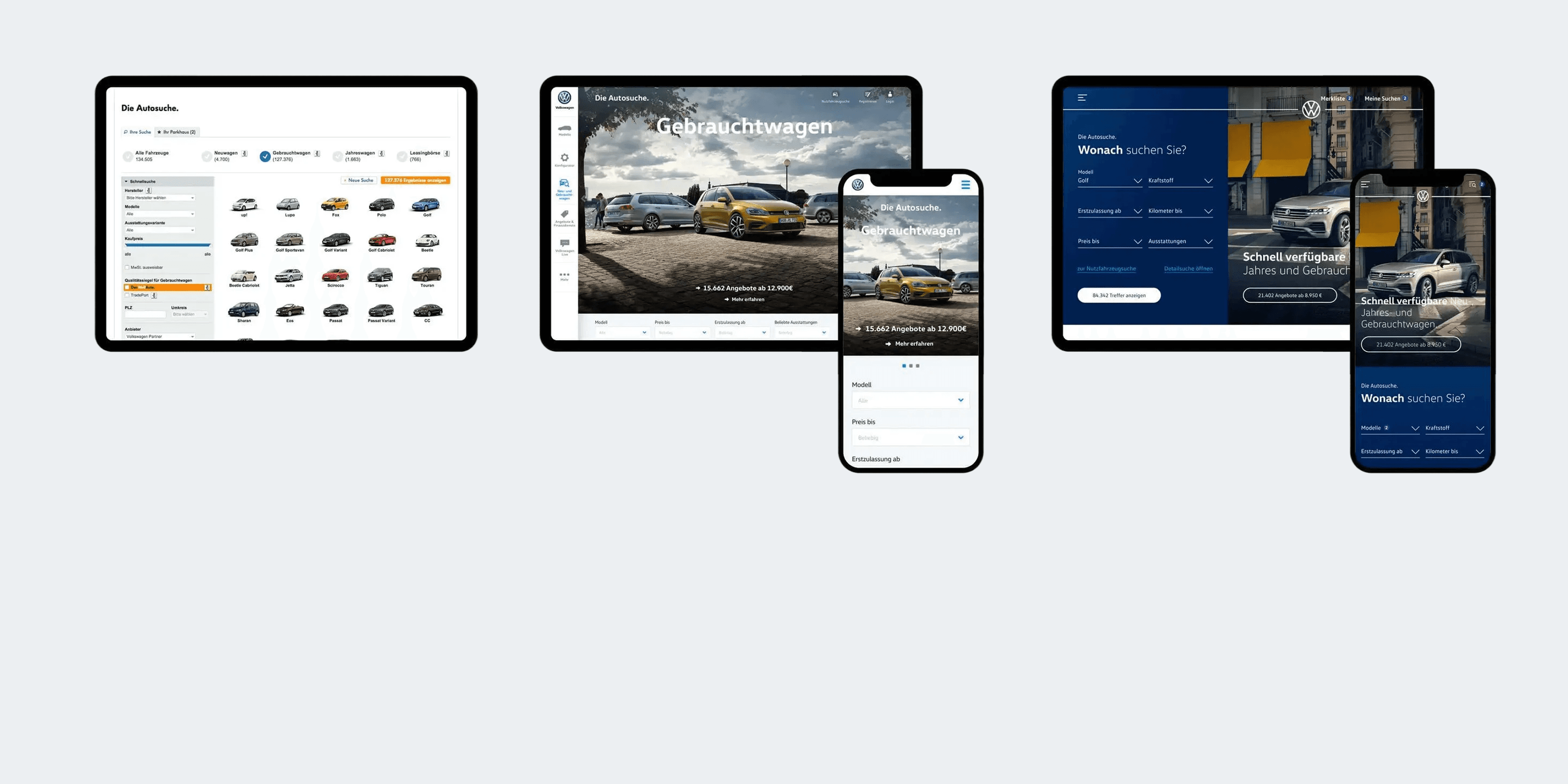 Three development stages of the vehicle search side by side on tablet and smartphone: from a table view via an image-led version to the blue search form