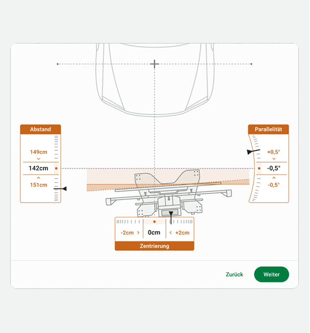 Schematic top view of a vehicle and the CSC tool in front of it, with three scales for distance, centring and parallelism