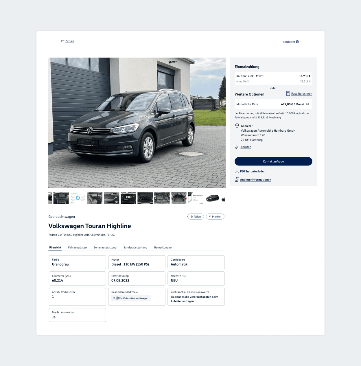 Detail page of a vehicle offer, here a "VW Touran Highline", with a large vehicle image, technical data, price and contact options.