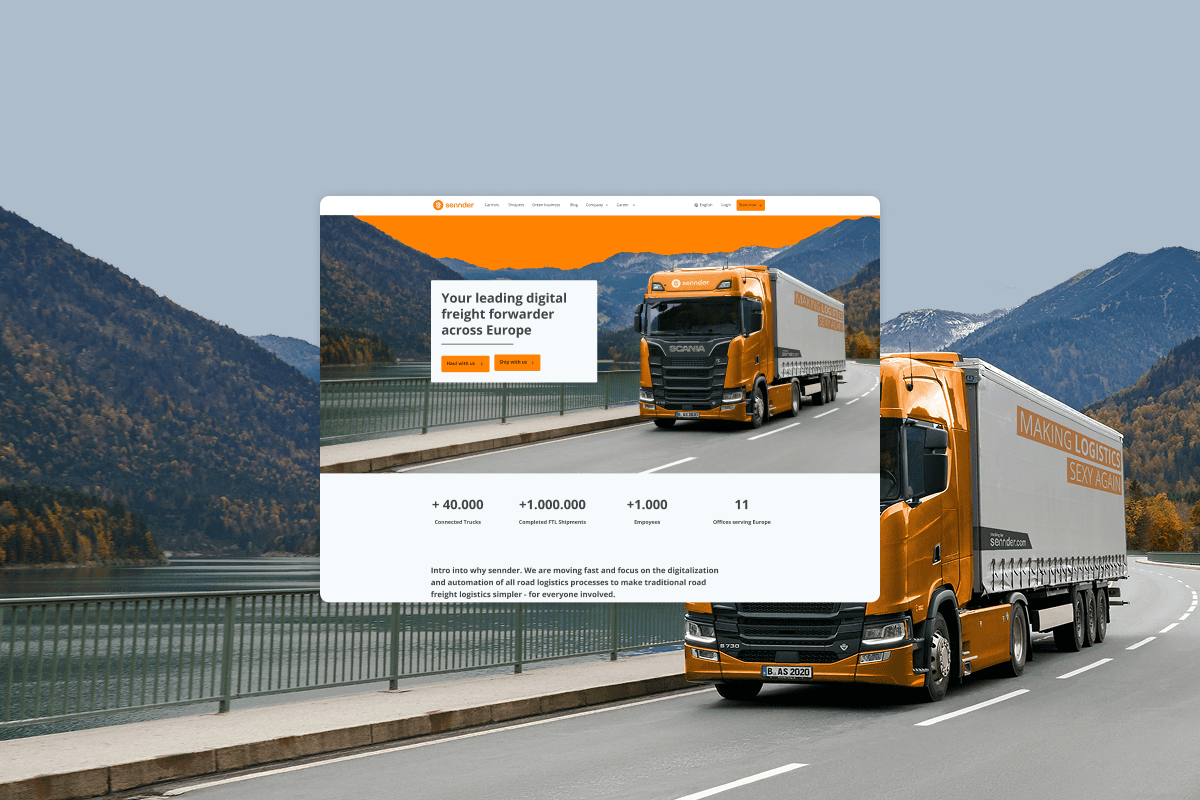 Ansicht der Webseite der Online-Plattform sennder mit einem großen LKW im Hintergrund,der durch eine bergige Landschaft fährt.