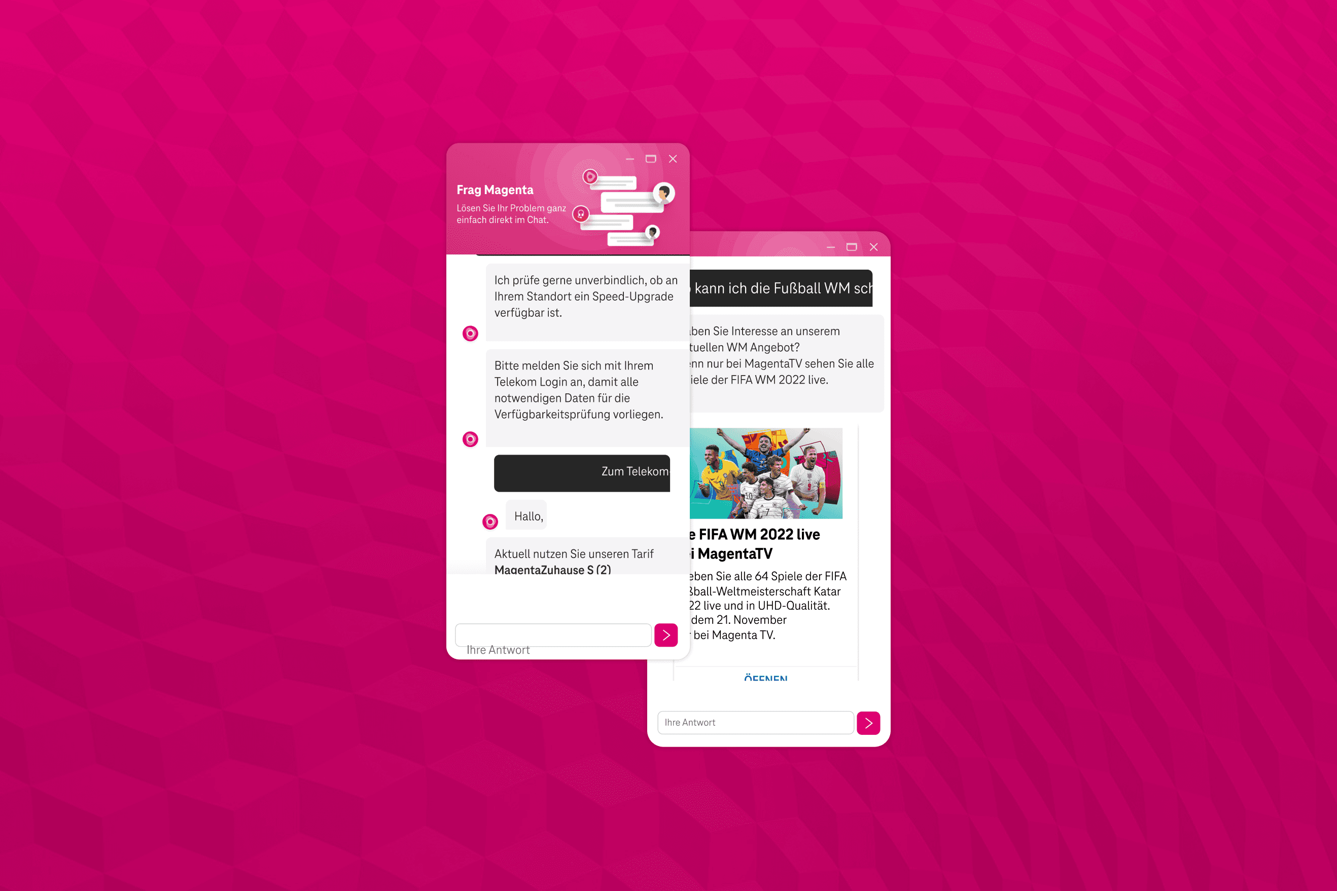 Zwei Chatfenster des Telekom-Assistenten „Frag Magenta“ auf magentafarbenem Grund, mit Beratung zu Speed-Upgrade und MagentaTV.