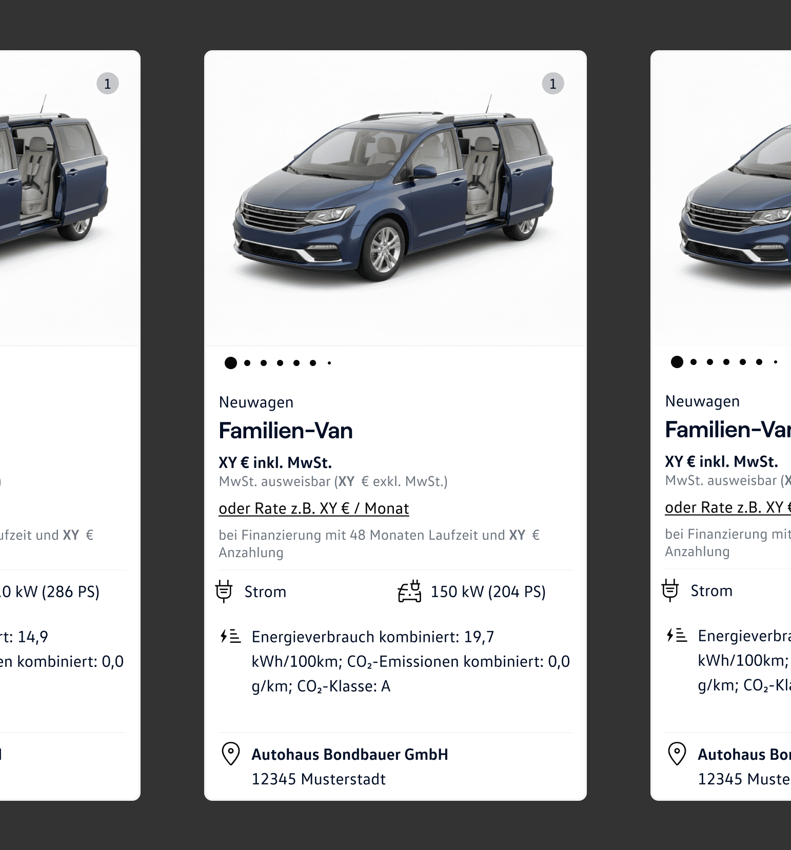 Vehicle cards from a list of search results with a photo, price and instalment, consumption figures and the offering dealership