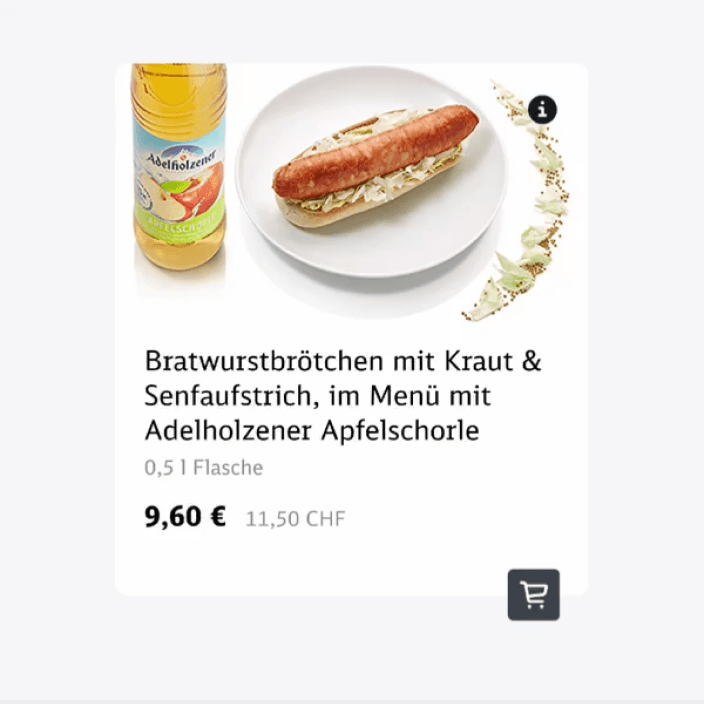 Produktkarte eines Menues aus Bratwurstbroetchen und Apfelschorle mit Preis in Euro und Franken und einem Warenkorbknopf