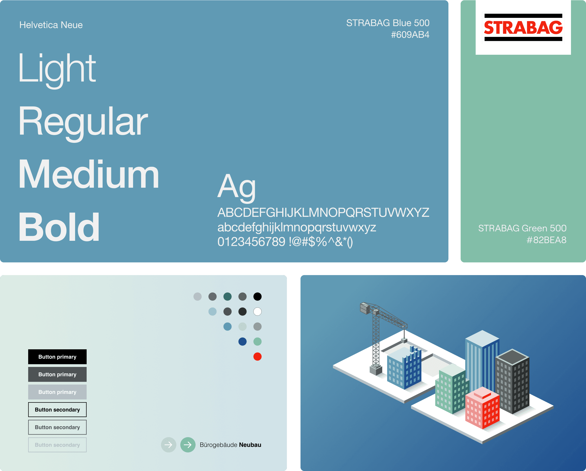 Collage of various elements of the STRABAG design system, such as typefaces (Helvetica Neue), the STRABAG logo, colour palette and three-dimensional graphics