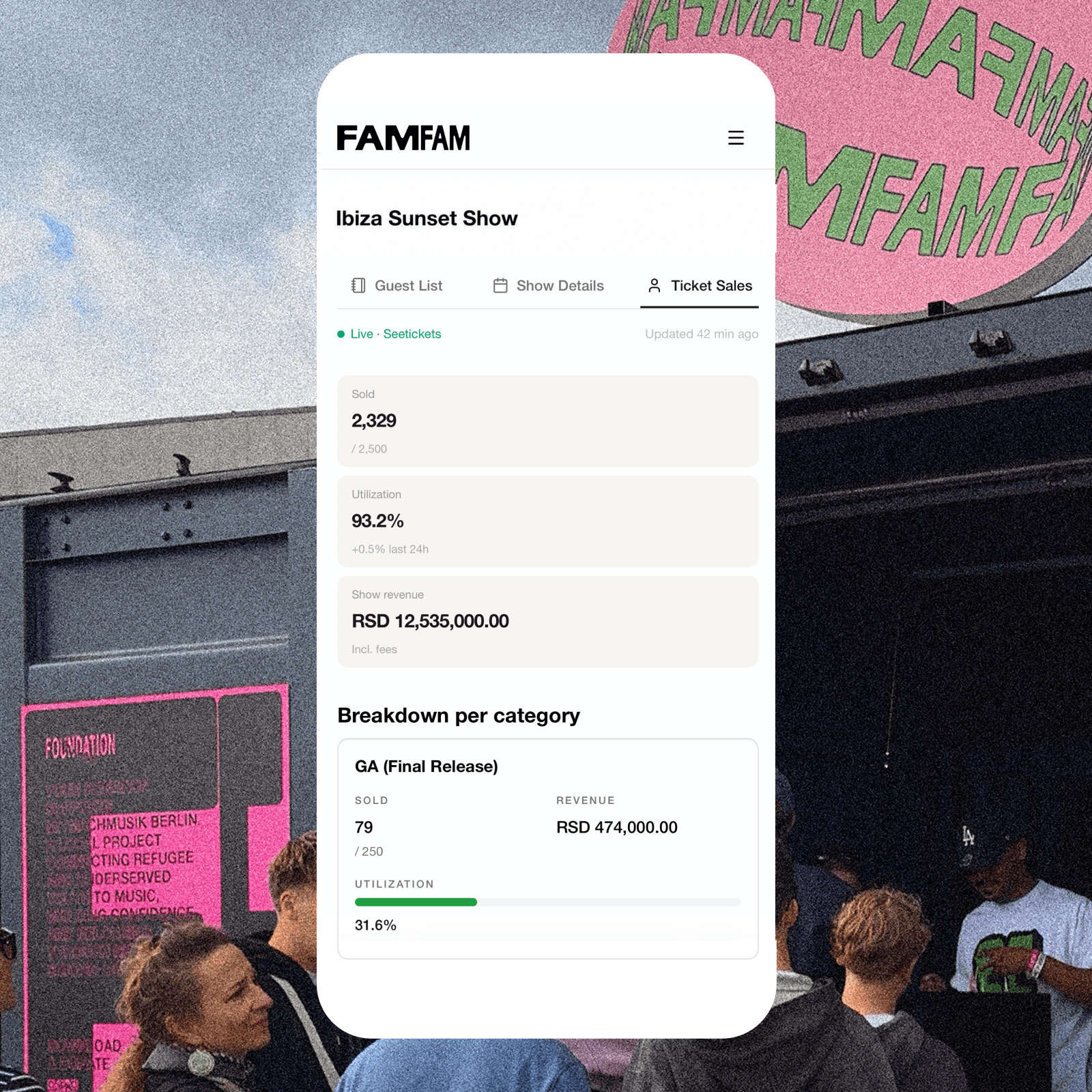App-Ansicht zum Ticketverkauf einer Show mit verkauften Tickets, Auslastung, Umsatz und einer Aufschluesselung je Kategorie