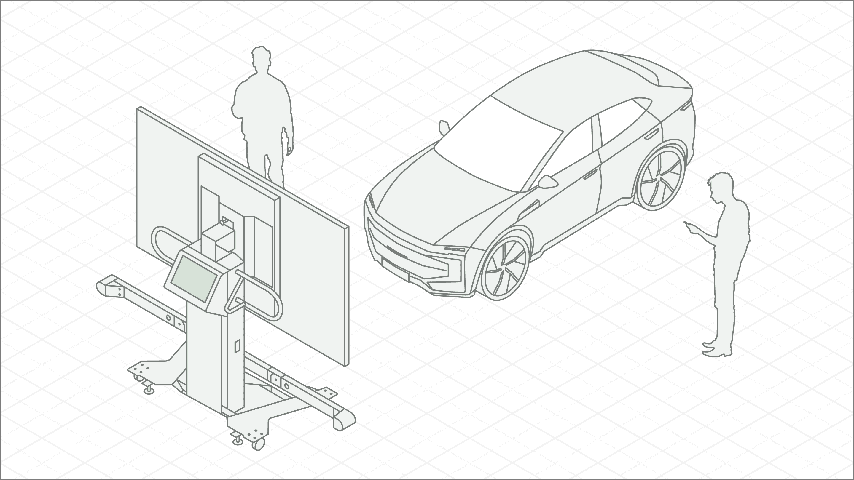Isometric line drawing of a mobile calibration panel with a control terminal, a car beside it and two people