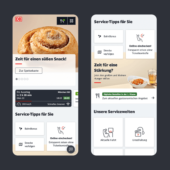 Zwei Smartphone-Ansichten des Bordportals: links ein Snack-Aufmacher mit Ankunftsanzeige, rechts Servicetipps und das gastronomische Angebot