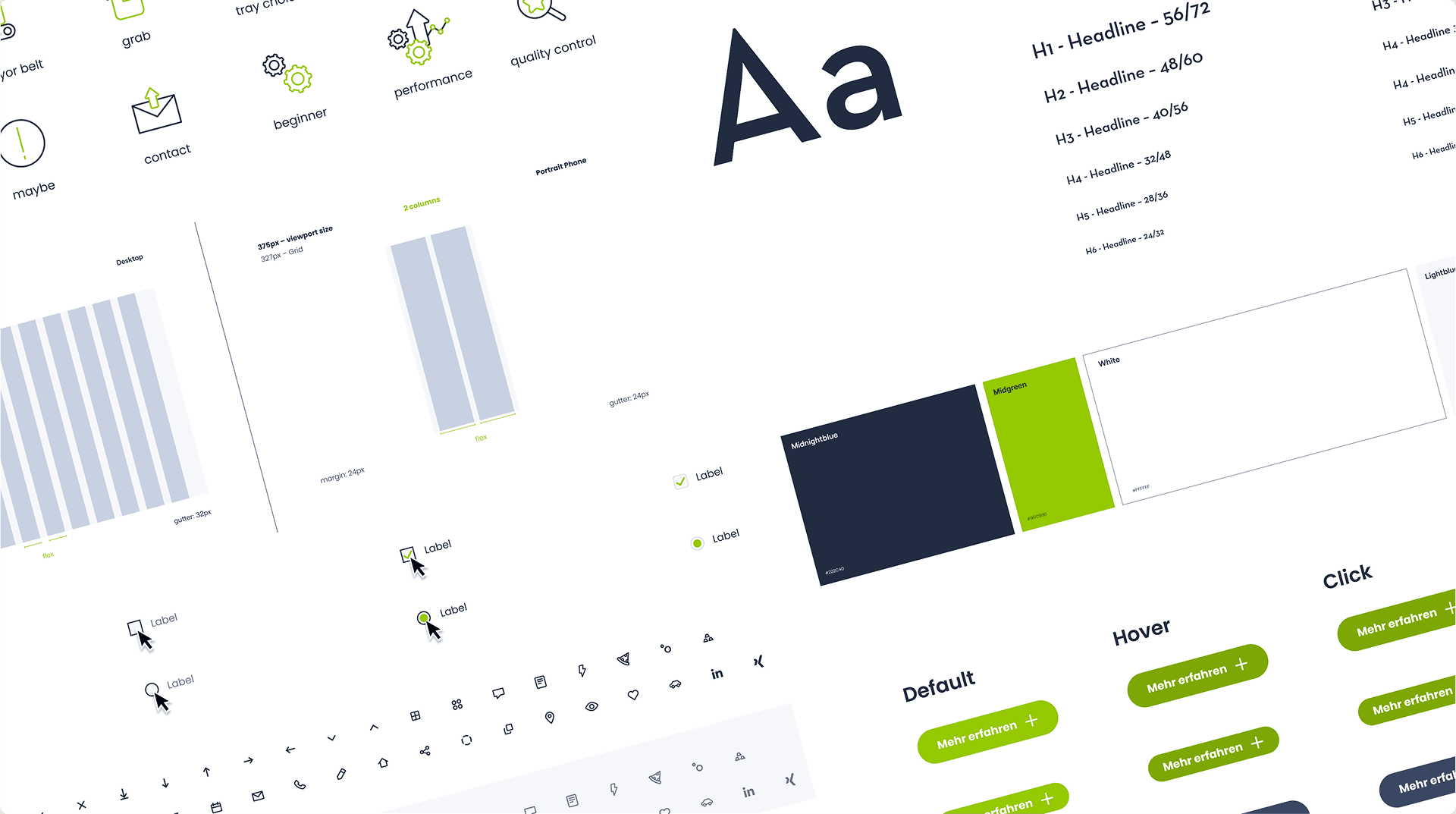 Ausschnitt aus dem Designssystem von "coboworx", das die Schriften, Schriftgrößen, Farbpalette, Grids, Icons, Button-Status